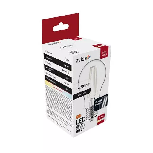LED izzó, filament, E27, gömb, A60, 4,5W, 470lm, 2700K, AVIDE