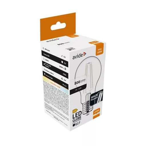 LED izzó, filament, E27, gömb, A60, 7W, 806lm, 4000K, AVIDE