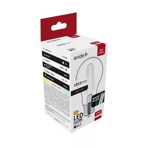 LED izzó, filament, E27, gömb, A60, 8,5W, 1055lm, 4000K, AVIDE
