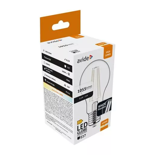 LED izzó, filament, E27, gömb, A60, 8,5W, 1055lm, 2700K, AVIDE