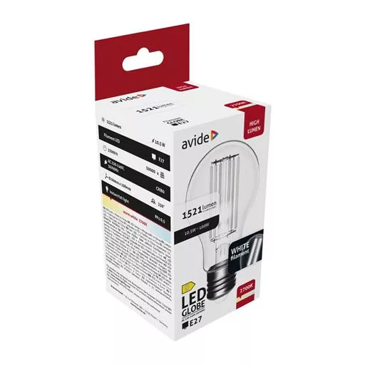 LED izzó, filament, E27, gömb, A60, 10,5W, 1521lm, 2700K, AVIDE