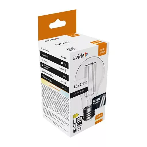 LED izzó, filament, E27, gömb, A60, 10,5W, 1521lm, 4000K, AVIDE