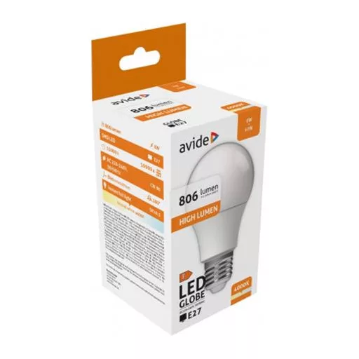 LED izzó, E27, gömb, A60, 8W, 806lm, 4000K, AVIDE