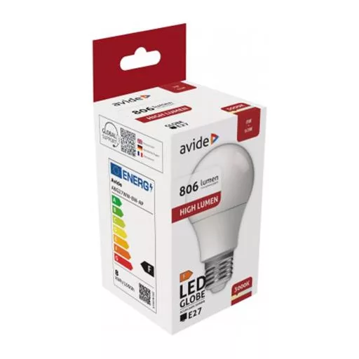 LED izzó, E27, gömb, A60, 8W, 806lm, 3000K, AVIDE