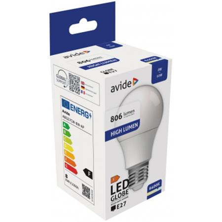 LED izzó, E27, gömb, A60, 8W, 806lm, 6400K, AVIDE