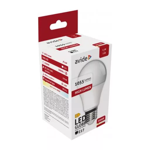 LED izzó, E27, gömb, A60, 9,5W, 1055lm, 3000K, AVIDE
