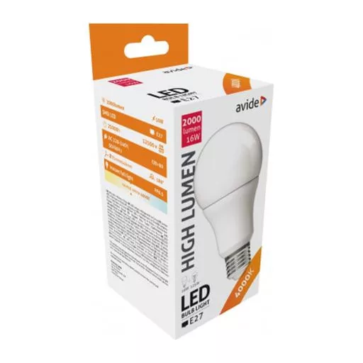 LED izzó, E27, gömb, A70, 16W, 2000lm, 4000K, AVIDE