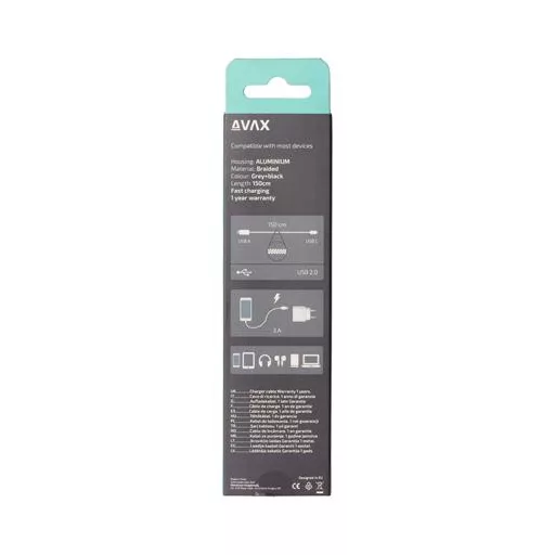 Töltőkábel, USB-A - USB-C, 1,5 m, AVAX "CB301G", acélszürke