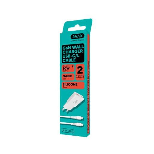 Hálózati töltő + USB-C - Lightning (Apple) kábel,  AVAX "CH6414", fehér