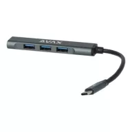   USB-C elosztó-HUB, 4 port, USB 3.0, AVAX "HB601", fekete