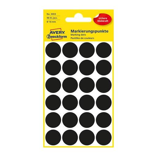 Etikett, 18 mm, kör, AVERY ZWECKFORM, fekete, 96 etikett/csomag