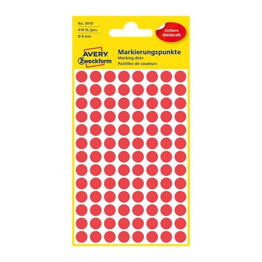 Etikett, 8 mm, kör, AVERY ZWECKFORM, piros, 416 etikett/csomag