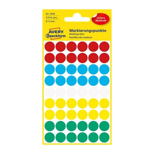 Etikett, 12 mm, kör, AVERY ZWECKFORM, 5 különböző szín, 270 etikett/csomag