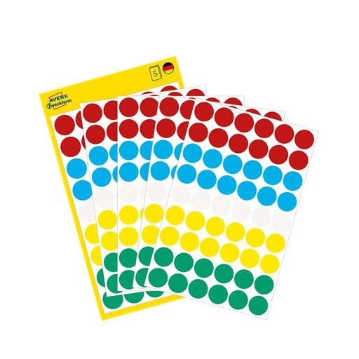 Etikett, 12 mm, kör, AVERY ZWECKFORM, 5 különböző szín, 270 etikett/csomag