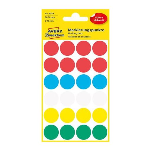 Etikett, 18 mm, kör, AVERY ZWECKFORM, 5 különböző szín, 96 etikett/csomag