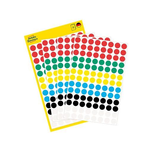 Etikett, 8 mm, kör, AVERY ZWECKFORM, 5 különböző szín, 416 etikett/csomag