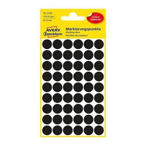 Etikett, 12 mm, kör, AVERY ZWECKFORM, fekete, 270 etikett/csomag