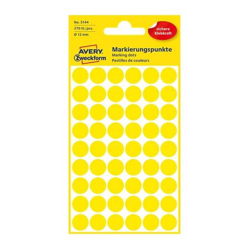 Etikett, 12 mm, kör, AVERY ZWECKFORM, sárga, 270 etikett/csomag