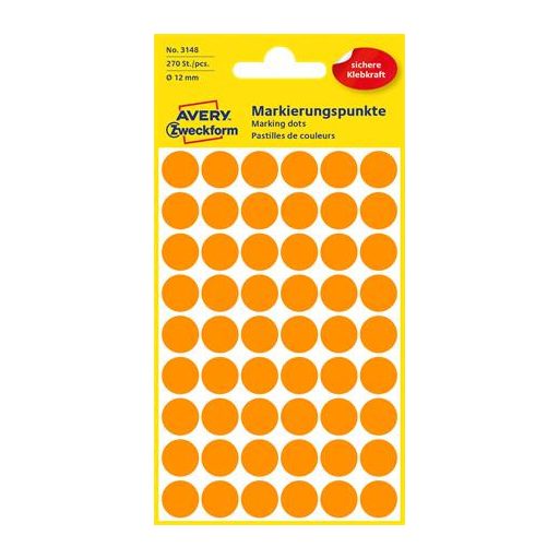 Etikett, 12 mm, kör, AVERY ZWECKFORM, neon narancs, 270 etikett/csomag