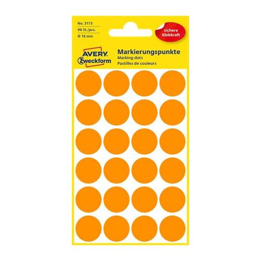 Etikett, 18 mm, kör, AVERY ZWECKFORM, neon narancs, 96 etikett/csomag