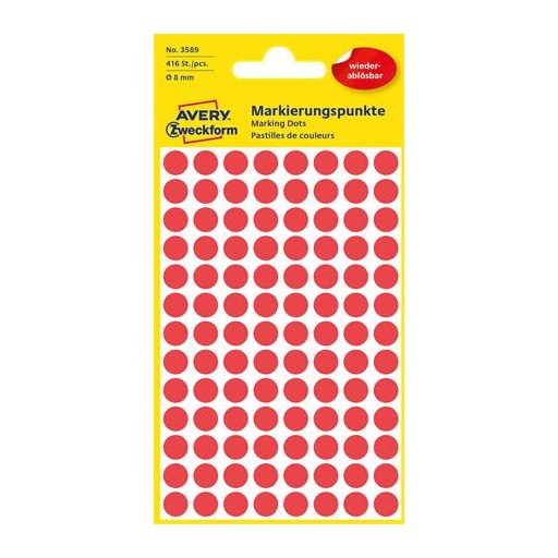 Etikett, 8 mm, kör, eltávolítható, AVERY ZWECKFORM, piros, 416 etikett/csomag