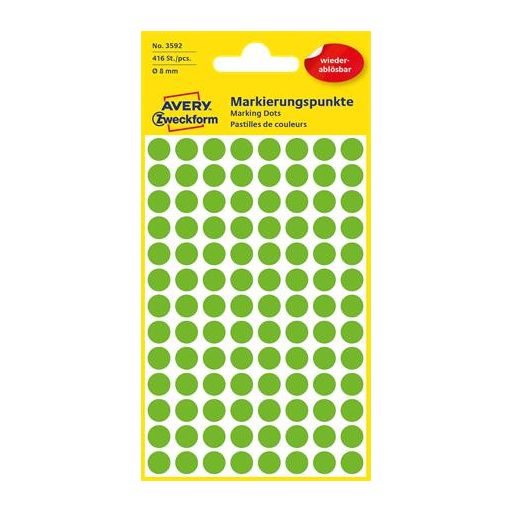 Etikett, 8 mm, kör, eltávolítható, AVERY ZWECKFORM, fűzöld, 416 etikett/csomag