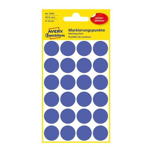 Etikett, 18 mm, kör, eltávolítható, AVERY ZWECKFORM, indigókék, 96 etikett/csomag
