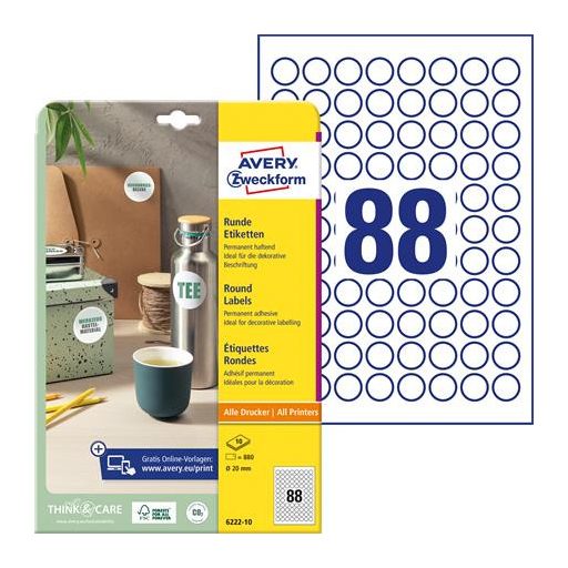 Etikett, univerzális, 20 mm, kör, AVERY ZWECKFORM, 880 etikett/csomag