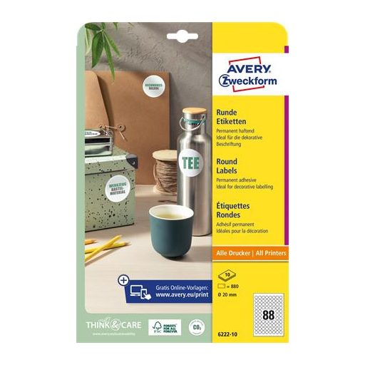 Etikett, univerzális, 20 mm, kör, AVERY ZWECKFORM, 880 etikett/csomag