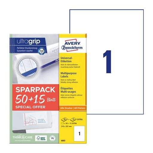 Etikett, univerzális, 210x297 mm, AVERY ZWECKFORM, "Sparpack", 65 etikett/csomag