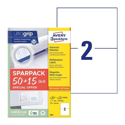 Etikett, univerzális, 210x148 mm, AVERY ZWECKFORM, "Sparpack", 130 etikett/csomag