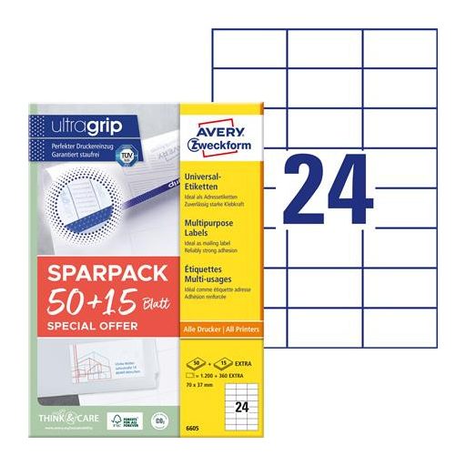 Etikett, univerzális, 70x37 mm, AVERY ZWECKFORM, "Sparpack", 1560 etikett/csomag
