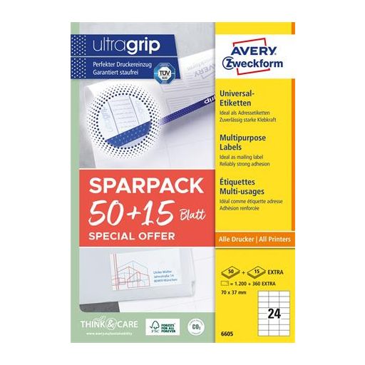 Etikett, univerzális, 70x37 mm, AVERY ZWECKFORM, "Sparpack", 1560 etikett/csomag