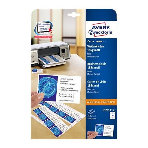 Névjegykártya, 85x54 mm, 185 g, mikroperforált, AVERY ZWECKFORM, 250 db/csomag