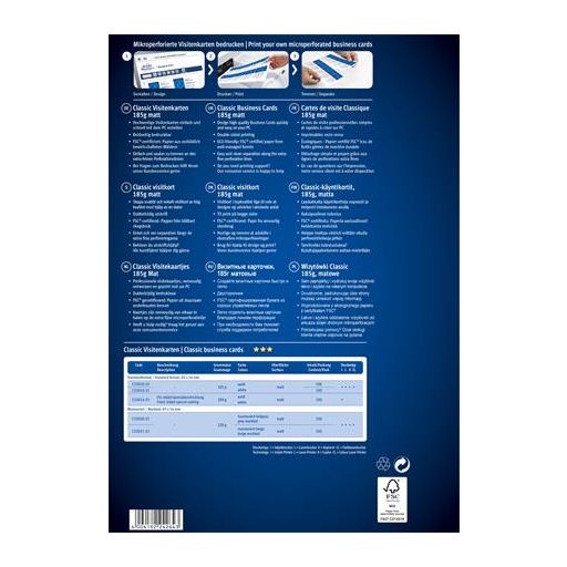 Névjegykártya, 85x54 mm, 185 g, mikroperforált, AVERY ZWECKFORM, 250 db/csomag