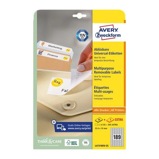 Etikett, univerzális, eltávolítható, 25,4x10 mm, AVERY ZWECKFORM, 5670 etikett/csomag