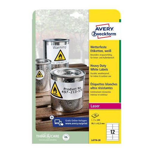 Etikett, 99,1x42,3 mm, poliészter, időjárásálló, AVERY ZWECKFORM, fehér, 240 etikett/csomag