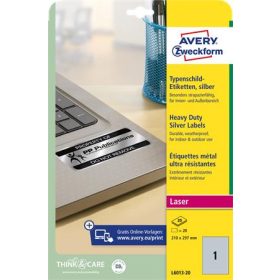   Etikett, 210x297 mm, poliészter, időjárásálló, AVERY ZWECKOFRM, ezüst, 20 etikett/csomag
