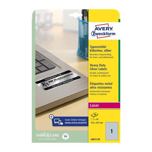 Etikett, 210x297 mm, poliészter, időjárásálló, AVERY ZWECKOFRM, ezüst, 20 etikett/csomag