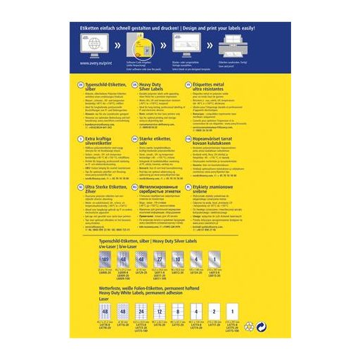 Etikett, 210x297 mm, poliészter, időjárásálló, AVERY ZWECKOFRM, ezüst, 20 etikett/csomag