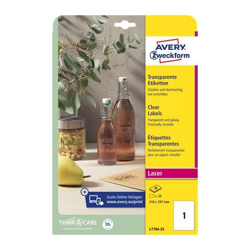 Etikett, 210x297 mm, poliészter, AVERY ZWECKFORM, átlátszó, 25 etikett/csomag