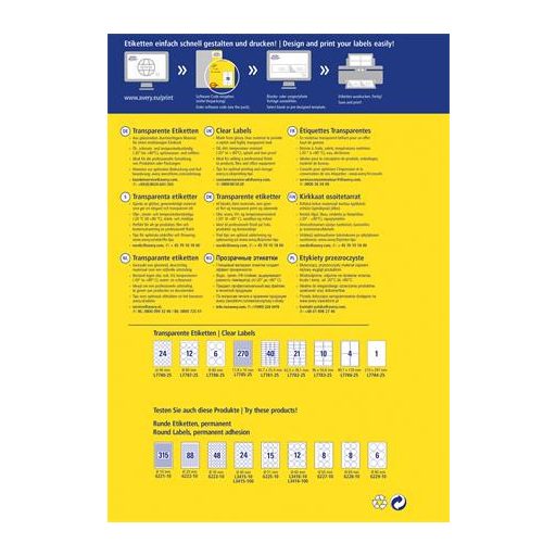 Etikett, 210x297 mm, poliészter, AVERY ZWECKFORM, átlátszó, 25 etikett/csomag