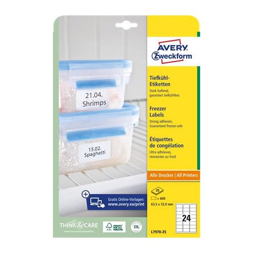 Etikett, 63,5x33,9 mm, fagyasztható, AVERY ZWECKFORM, 600 etikett/csomag