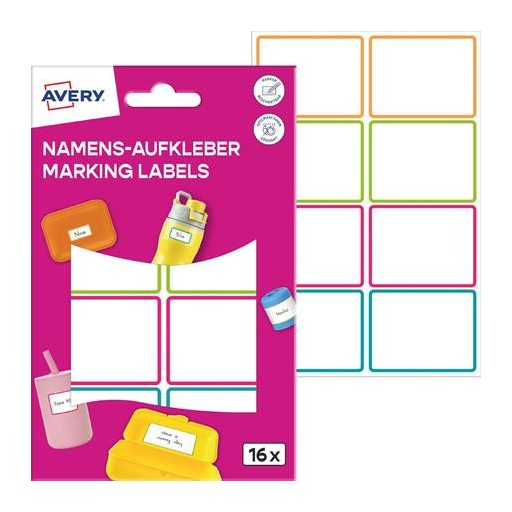 Címke, műanyag, iskolai, 46x33 mm, kézzel írható, AVERY ZWECKFORM, színes, 16 címke/csomag