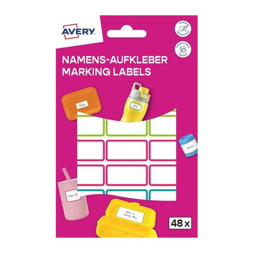 Címke, műanyag, iskolai, 31x15 mm, kézzel írható, AVERY ZWECKFORM, színes, 48 címke/csomag