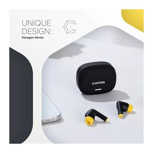 Fülhallgató, TWS vezeték nélküli, Bluetooth 5.4, CANYON "Hexagon 7", fekete-sárga
