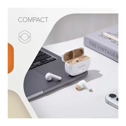 Fülhallgató, TWS vezeték nélküli, Bluetooth 5.4, CANYON "Hexagon 7", fehér-bézs