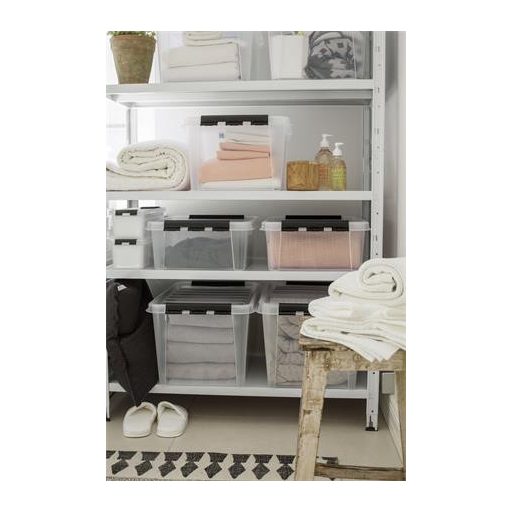 Műanyag tárolódoboz, 21 liter, fekete fogantyúkkal, SMARTSTORE "Classic 24", átlátszó