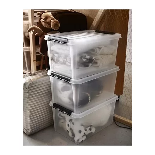 Műanyag tárolódoboz, 47 liter, fekete fogantyúkkal, SMARTSTORE "Classic 45", átlátszó