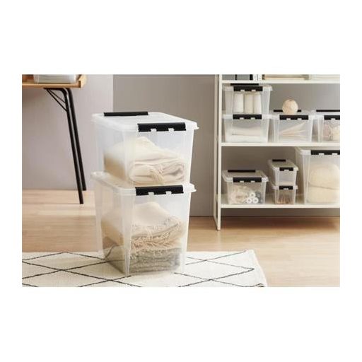 Műanyag tárolódoboz, 61 liter, fekete fogantyúkkal, SMARTSTORE "Classic 65", átlátszó